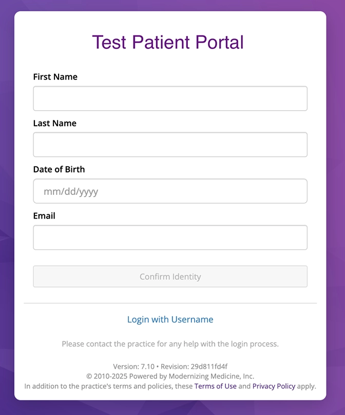 screenshot of the MedMod Test Patient Portal form